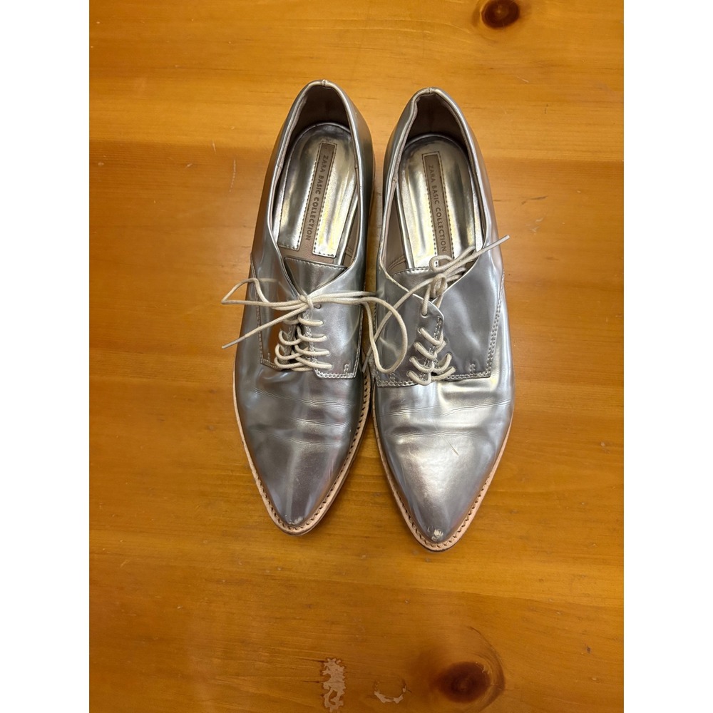 Zara Basic Metallic Silver Pointed Toe Platform Oxford Derby Shoes Size 38